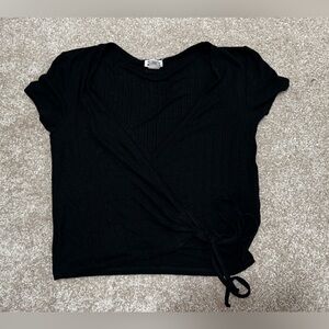 Billabong Black Ribbed Wrap Tie Short Sleeve Crop Top